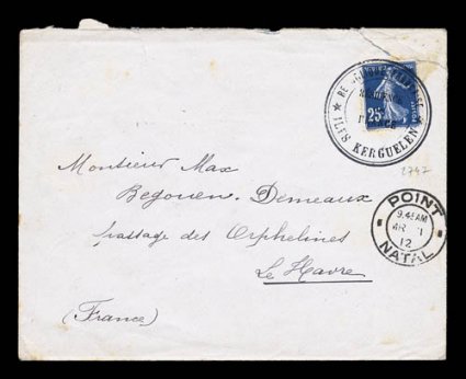 Kerguelen Island cover to Le Havre, franked with a single France 25c Sower and tied by a single outstanding strike of Republique FrancaiseResidence de FranceIles Kerguelen
type II Resident Administrator cachet in black, with choice strike