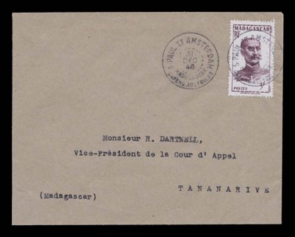 1948-58 T.A.A.F. postal history group of nine select and scarce early covers, all but one franked with various Madagascar issues, two (1948 and 1951) each with very scarce St.
Paul et AmsterdamMadagascarDepend. Australes double circle postmar