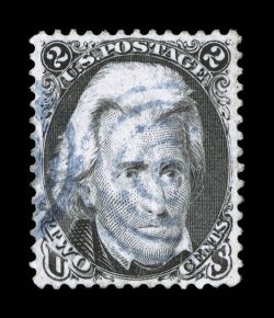 73, 2c Black, attractive used example, uncommonly well centered and margined, strong color and impression, light blue target cancels, extremely fine 2008 PSE certificate (XF 90
SMQ $230.00).
