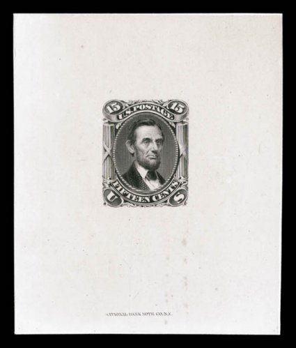 77P1, 15c Black, large die proof on India, mounted on card measuring 62 x 75mm, National Bank Note Co. imprint at bottom, light overall toning, otherwise very
fine.