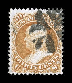 100, 30c Orange, F grill, lovely used single being well centered with strong color, cork cancel and faint trace of c.d.s., very fine 1999 and 2007 PF
certificates.