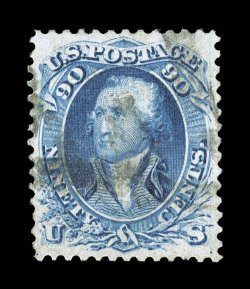 101, 90c Blue, F grill, an exceedingly choice used example of this scarce high value, being remarkably well centered within large margins, outstanding color that is uncommonly
bright and rich, lightly cancelled as well, extremely fine the Nin
