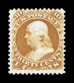 110, 30c Brownish orange re-issue, a highly select mint example, possessing unusually strong and vivid characteristic re-issue color, plus its impression is exceptionally
detailed on bright paper, wonderfully well centered with the perforations