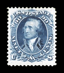 111, 90c Blue re-issue, a particularly handsome mint example of this key re-issue, possessing incredibly intense color and a prooflike impression on bright paper, excellent
centering for this, full o.g., minor h.r., choice very fine among the m