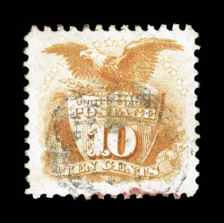 116, 10c Yellow, a highly desirable used example that is exceedingly well centered within large balanced margins, bright color on fresh white paper, light black cancel and a
small portion of a red transit pmk. at bottom, extremely fine 1992 PF