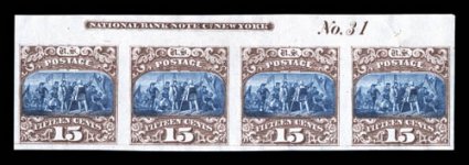 119P3, 15c Brown and blue, Type II, plate proof on India, top margin imprint and plate No. 31 strip of four, fresh color, large margins, a couple of usual small paper wrinkles,
very fine.