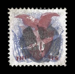 121, 30c Blue and carmine, especially well centered within extravagantly large margins, strong colors and impressions, quartered cork cancel, extremely fine 2000 PF certificate
a 2008 PSE certificate (XF 90 SMQ $1,350.00).