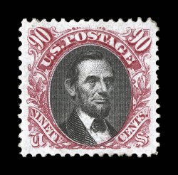 132, 90c Carmine and black re-issue, a breathtakingly beautiful mint example of this rare and popular re-issue high value, possessing numerous eye-catching physical
characteristics, including perfect centering amid extraordinarily large margins,