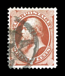 138, 7c Vermilion with grill, I grill, rich vibrant color and a clean impression, nicely centered, clear and distinct I grill, fancy NYFM cancel, very fine 2008 PSE certificate
(F-VF 75 SMQ does not price this grade).