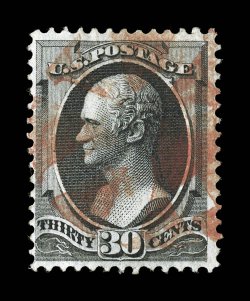 143, 30c Black with grill, attractive used example, with strong color and a highly detailed impression, nicely centered, beautifully cancelled by a bright red circle of wedges,
tiny trace of a thin speck, otherwise a very fine example of thi