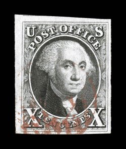 2, 10c Black, used, exceptionally bright and fresh, full to large margins all around, face-free red grid cancel, extremely fine 1990 PF certificate.