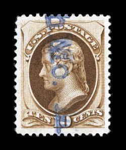 187, 10c Brown, without secret mark, a spectacular used example, possessing numerous eye-appealing characteristics, including near perfect centering amid extraordinarily large
margins, plus its color is especially rich, crisp detailed impression