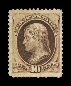 188, 10c Brown, with secret mark, an impressively large-margined mint example of this scarce Bank Note, exceedingly well centered within remarkably large margins all around,
strong rich color, full o.g., extremely fine almost never encountered