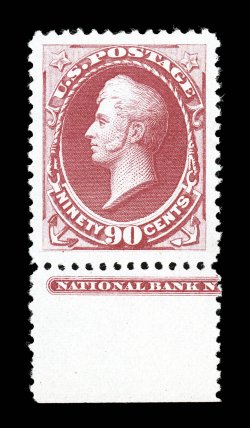 191, 90c Carmine, a phenomenal appearing unused bottom margin partial imprint single, sporting enormously large and incredibly well balanced margins all around, rich vibrant
color and an excellent clarity of impression, certificate mentions a re