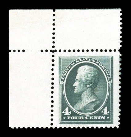 211, 4c Blue green, a spectacular mint top left corner margin single, possessing margins of gigantic size and being extraordinarily well centered within these striking borders,
deep prooflike color and impression, o.g., lightly hinged, small nat