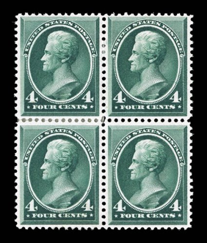 211, 4c Blue green, mint block of four, the bottom stamps are exceptionally well centered and margined, deeply rich color and a razor-sharp impression, o.g., top stamps lightly
hinged, bottom right stamp never hinged, light hinge sliver between