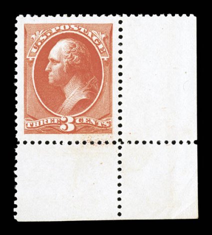 214, 3c Vermilion, a visually striking bottom right corner margin single, possessing amazing physical attributes, including mathematically precise centering within huge margins
all around, outstanding color that is wonderfully bright and fresh,