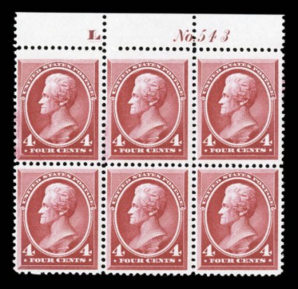 215, 4c Carmine, top margin L and plate No. 543 block of six, strong color and impression, o.g., middle two stamps lightly hinged, other four stamps never hinged, fine a seldom
offered plate number block 2008 PSE certificate cataloged sim