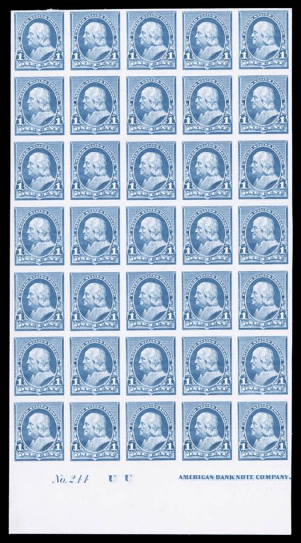 219P4, 1c Dull blue, plate proof on card, bottom margin imprint, UU plate No. 244 block of 35 (5 x 7), very fine and scarce proof plate block.