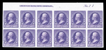 221P3, 3c Purple, plate proof on India, top margin imprint and plate No. 21 block of twelve, eye-arresting gorgeous color, minor paper wrinkles as usual, otherwise extremely
fine.