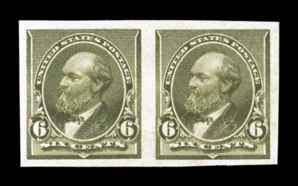 224TC, 6c Garfield, trial color proofs on stamp paper, five horizontal pairs and one bottom margin partial imprint pair, all in different colors, also accompanied by a 5c Dark
brown trial color plate No. 46 block of four and an imperforate unuse