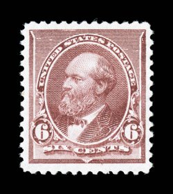 224, 6c Brown red, well centered within lavishly large margins, bright color and a crisp impression, o.g., n.h., extremely fine 2003 PF certificate and a 2007 PSE certificate
(VF-XF 85 SMQ $475.00 for 85 and $890.00 for 90).
