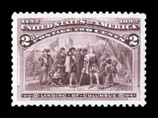 231, 2c Columbian, an incomparable mint single, boasting four gigantic margins and being perfectly centered within these huge borders, plus its color is strikingly deep and
rich, while its impression is remarkably detailed on bright white paper,