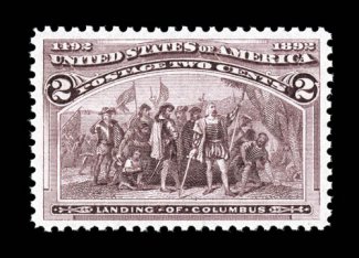 231, 2c Columbian, choice mint single, large well balanced margins all around, prooflike color and impression, pristine o.g., n.h., extremely fine and handsome 2002 PF
certificate.