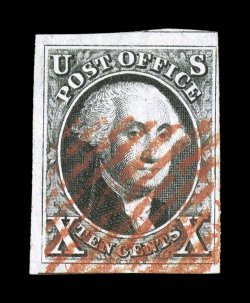 2, 10c Black, used, four margins ranging from ample to extra-large, strong color and impression, bright red grid cancel, very fine 1978 PF certificate.