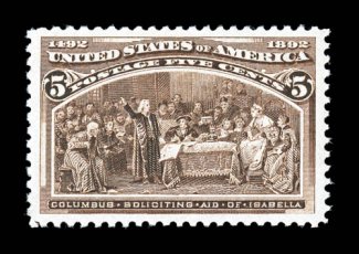 234, 5c Columbian, premium mint example, exceedingly well centered, with far larger margins than typically encountered, sumptuously rich color and a razor-sharp impression on
bright paper, o.g., n.h., extremely fine a gem Five Cent Columbian 1