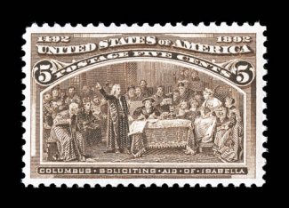 234, 5c Columbian, well centered within very large margins, strong color and impression, o.g., n.h., extremely fine 1997 PF certificate.