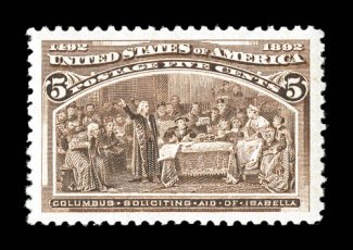 234, 5c Columbian, an eye-catching mint single, extraordinarily well centered amid exceedingly wide margins, strong rich color and a well incised impression, o.g., just a faint
trace of hinging along a few perforations, extremely fine gem 1989