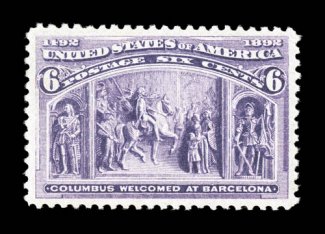 235, 6c Columbian, exceptionally well centered within large margins, strong rich color, o.g., n.h., extremely fine and quite choice 1994 PF certificate and a 2008 PSE
certificate (XF 90 SMQ $660.00).