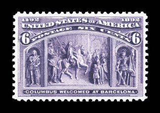 235, 6c Columbian, particularly well centered and margined, brilliantly rich color in an especially deep shade on bright white paper, o.g., n.h., extremely fine 1992 PF
certificate.