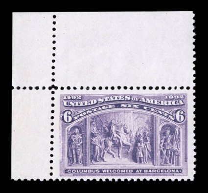 235, 6c Columbian, strking top left corner margin single, very well centered within enormously large margins which are almost never encountered on this value, strong rich
color, o.g., n.h., extremely fine 2008 PF certificate for the pair from w