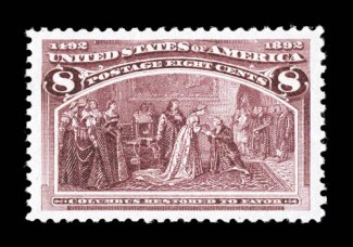 236, 8c Columbian, an incomparable mint example of this value, which is widely regarded as the most difficult of the lower denomination Columbians to find in true gem quality,
this spectacular copy even surpasses the gem category, being one of