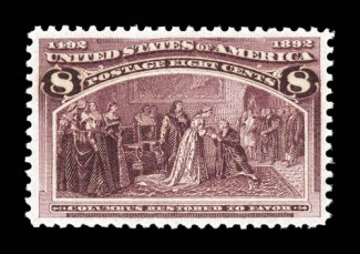 236, 8c Columbian, uncommonly well centered within large margins, deeply rich color and a sharp impression, o.g., n.h., extremely fine 1998 PF certificate.
