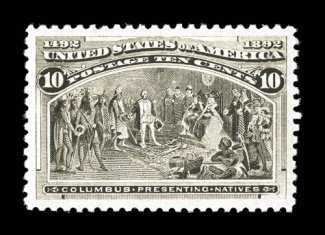 237, 10c Columbian, particularly well centered within lavishly large margins, lovely rich color and a crisp detailed impression, o.g., n.h., extremely fine a highly desirable
Ten Cent Columbian 2006 PSE certificate (XF 90 Jumbo SMQ $1,150.00