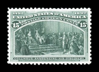 238, 15c Columbian, wonderfully well centered within large margins, sumptuously rich color and an especially crisp impression on clean white paper, o.g., n.h., a natural
vertical gum crease (not mentioned on accompanying certificate) is the only