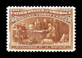 239, 30c Columbian, a visually striking mint single, possessing not only impeccable centering amid large margins, but also features and incredible overall freshness, with deep
intense color and a prooflike impression on fresh crisp paper, pristi