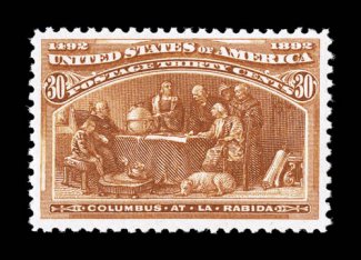 239, 30c Columbian, an exquisite mint single possessing uncommon freshness, beautifully centered amid extraordinarily large margins, luxuriously rich color and a sharp
impression, unusually full and even perforations surround the whole, immacula