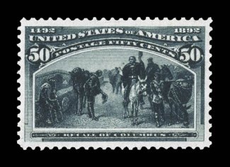 240, 50c Columbian, exceptionally well centered within uncommonly large margins, deep intense color and impression, certificate states never hinged but with overall slight gum
disturbance, extremely fine encapsulated PSE certificate (VF-XF 85