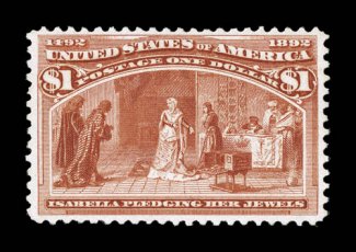 241, $1.00 Columbian, lovely rich color and an especially strong impression, well centered and margined, o.g., n.h., very fine true never hinged examples of the One Dollar
Columbian are seldom offered 2002 PF certificate.