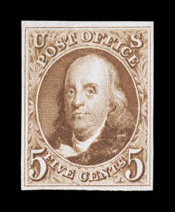 3, 5c Red brown reproduction, without gum as issued, full to large margins all around, crisp prooflike color and impression, very fine.