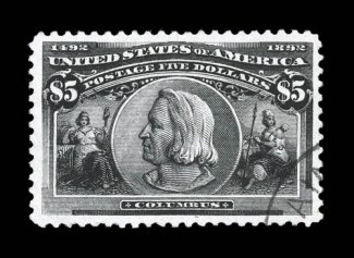 245, $5.00 Columbian, a marvelously choice used example, boasting on overall freshness that few others enjoy, with strong bright color and an excellent clarity of impression on
immaculate white paper, plus it is exceedingly well centered within