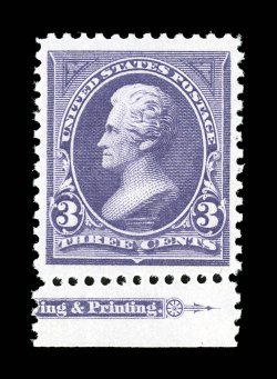 253, 3c Purple, extraordinarily choice bottom sheet-margin partial imprint single, featuring outstanding centering, extra-large margins, and incredibly intense color, o.g.,
n.h., extremely fine a stamp with tremendous eye appeal 1991 and 2001