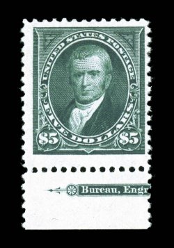 263, $5.00 Dark green, crisp bottom margin partial imprint single, with stunning color that is remarkably deep and luxuriant, superbly detailed impression as well, centered at
bit the right within large to huge margins, o.g., lightly hinged, a v