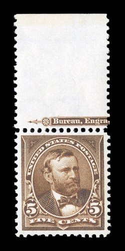 270, 5c Chocolate, pristine mint full top margin partial imprint single, marvelously fresh, with deep rich color and bright paper, wonderfully well centered and margined, o.g.,
n.h., extremely fine 1990 PF certificate ex-Morris.