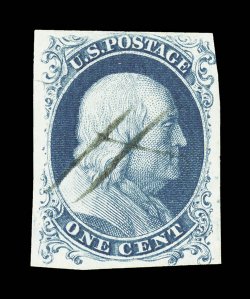 6, 1c Blue, Ty. Ia, mostly full margins all around, just touching the design in a couple places but all of the important Ty. Ia characteristics are clearly shown, lovely rich
color and a sharp early impression on fresh white paper, neat ms. canc