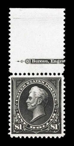 276, $1.00 Black, Ty. I, top margin partial imprint single, deeply rich color and a strong impression on fresh paper, nicely centered, clean o.g., n.h., very fine an
exceedingly fresh stamp seldom offered never hinged and certified as such co